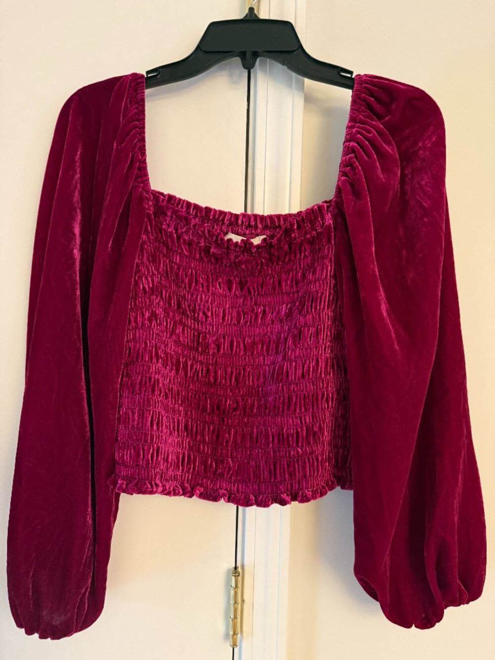 NWT Anthropologie Magenta Pink Rose Smocked Velvet Puff Sleeve Peasant Blouse M